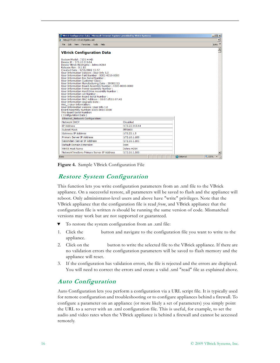 Restore system configuration auto configuration, Restore system configuration, 16 auto configuration | Auto configuration | VBrick Systems 7000 User Manual | Page 22 / 76
