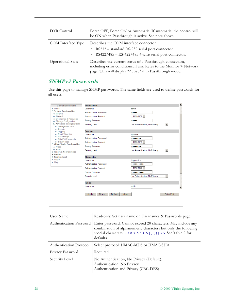 Snmpv3 passwords | VBrick Systems 7000 User Manual | Page 34 / 76