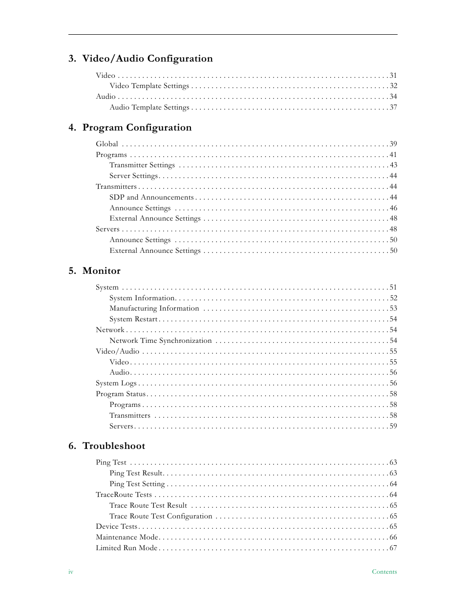Video/audio configuration, Program configuration, Monitor | Troubleshoot | VBrick Systems 7000 User Manual | Page 4 / 76