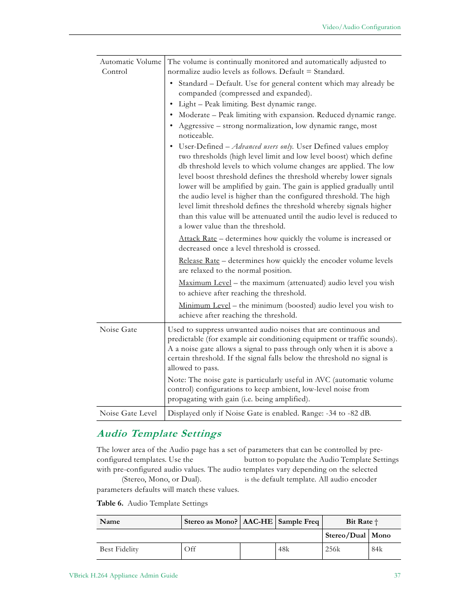 Audio template settings | VBrick Systems 7000 User Manual | Page 43 / 76
