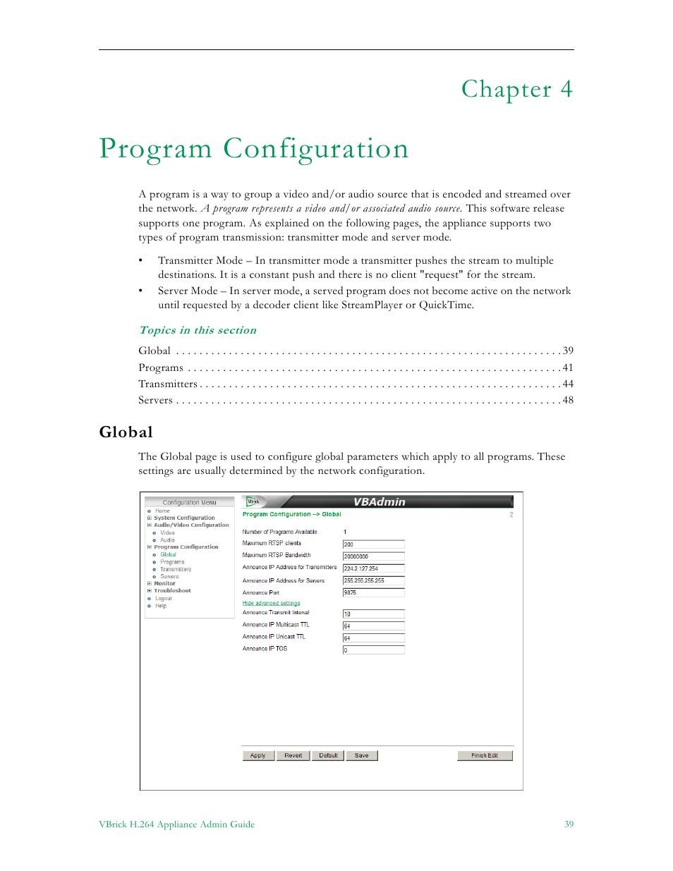 Program configuration, Global, Chapter 4 | VBrick Systems 7000 User Manual | Page 45 / 76