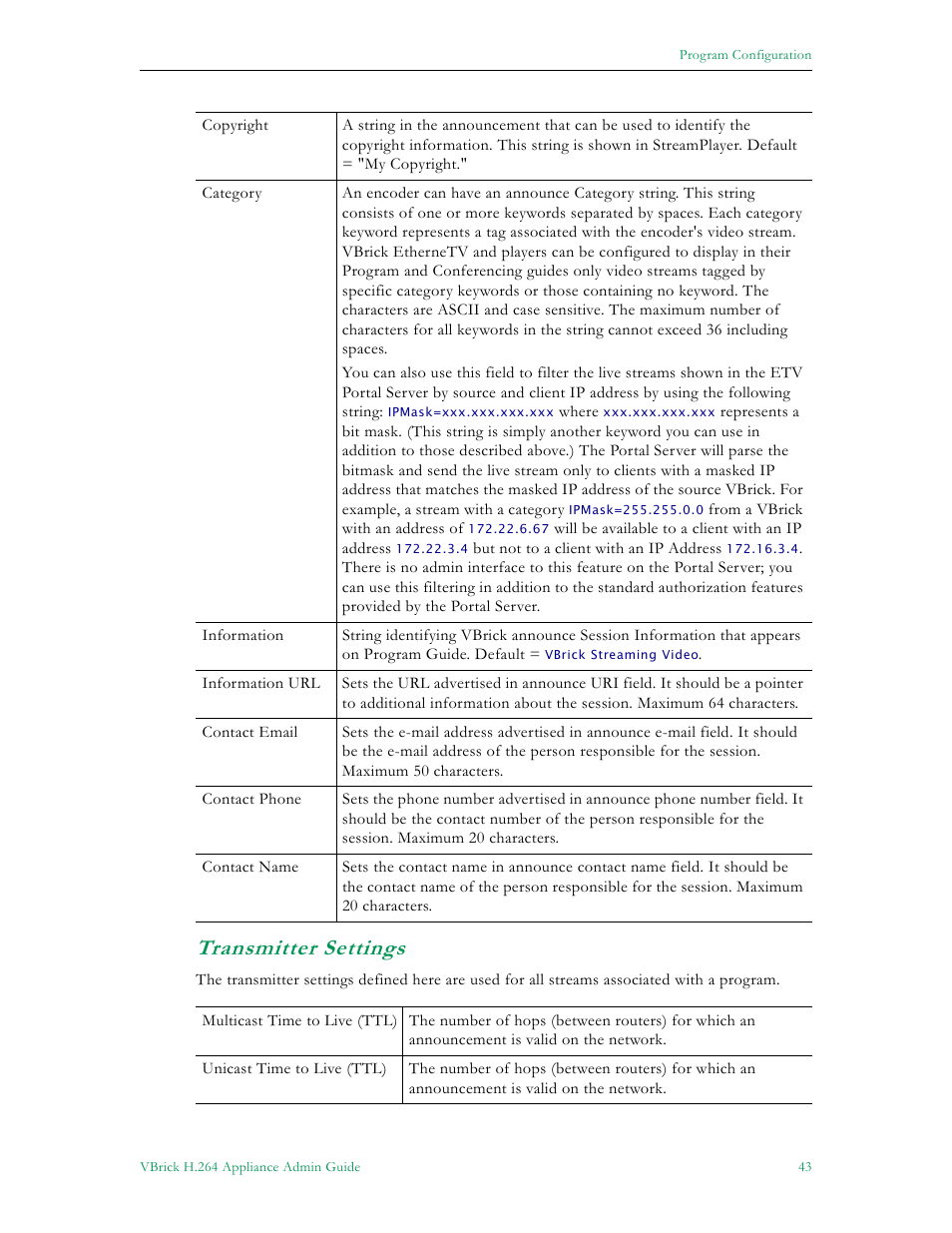 Transmitter settings | VBrick Systems 7000 User Manual | Page 49 / 76