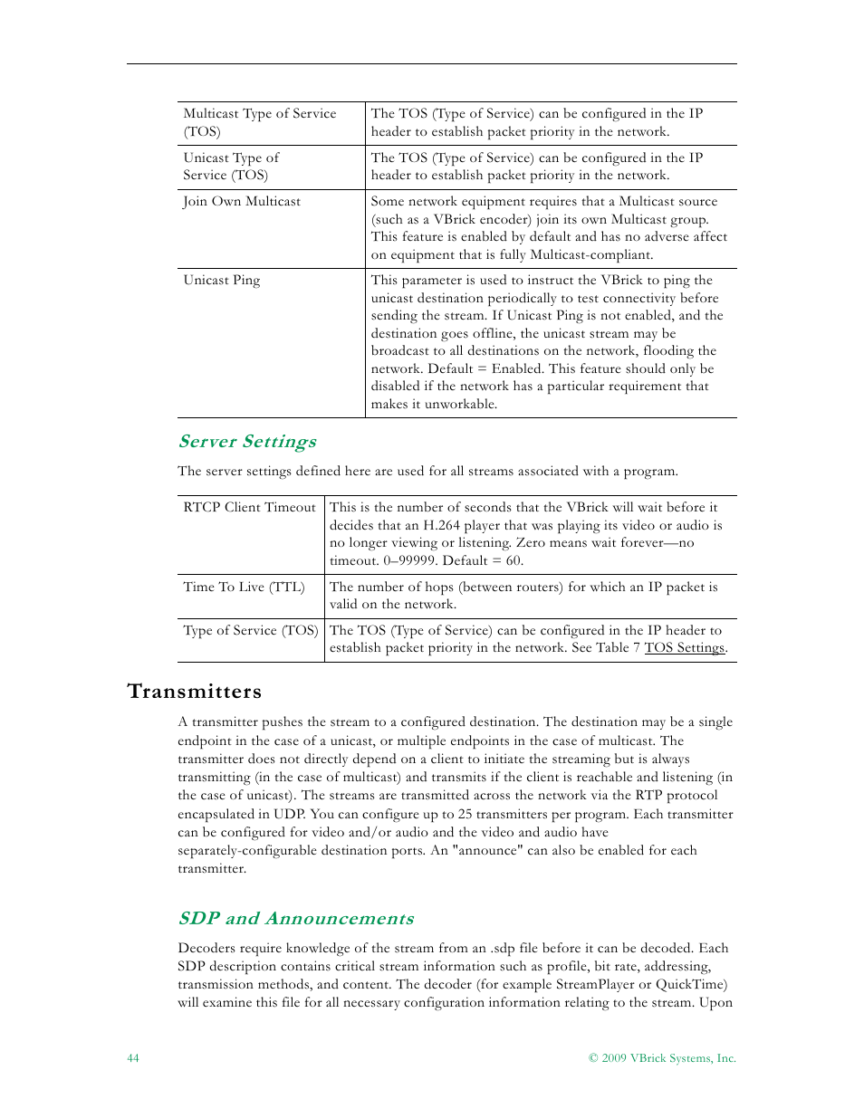 Server settings, Transmitters, Sdp and announcements | VBrick Systems 7000 User Manual | Page 50 / 76