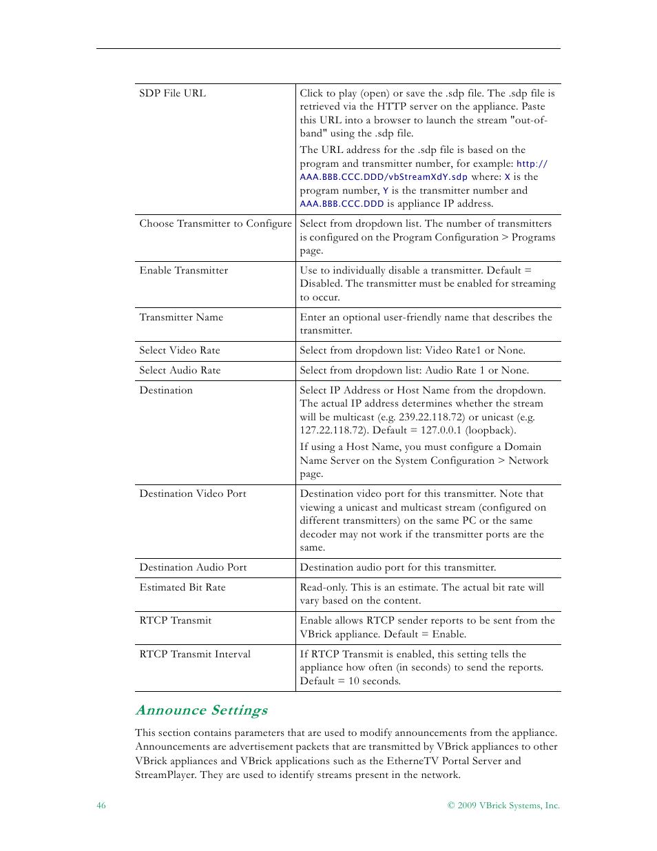 Announce settings | VBrick Systems 7000 User Manual | Page 52 / 76