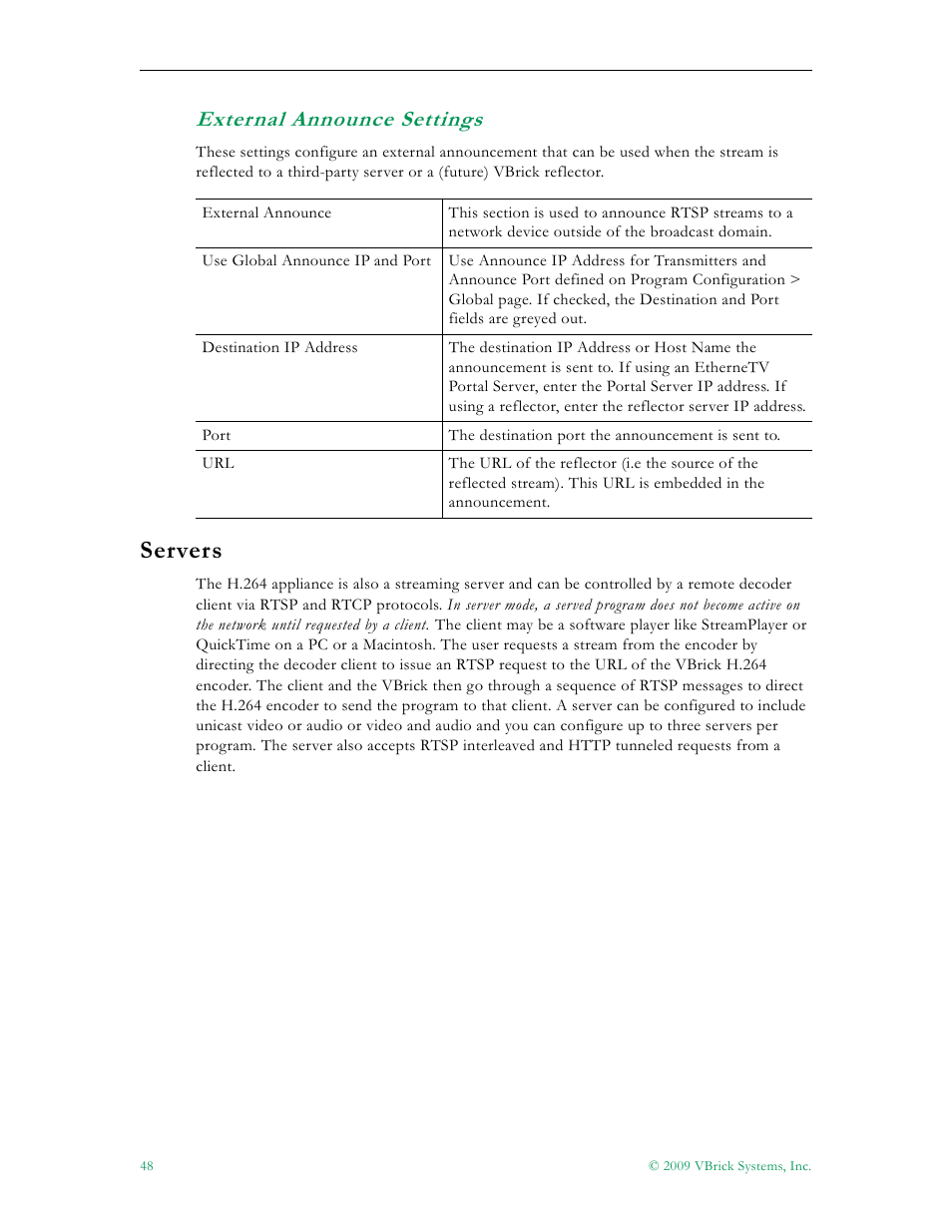 External announce settings, Servers | VBrick Systems 7000 User Manual | Page 54 / 76