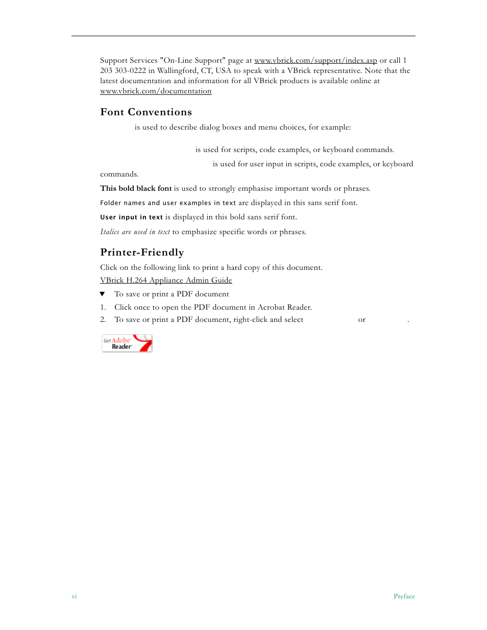 Font conventions, Printer-friendly | VBrick Systems 7000 User Manual | Page 6 / 76