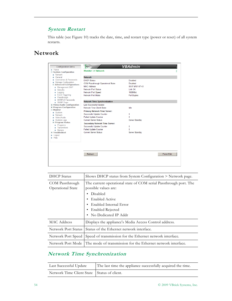 System restart, Network, Network time synchronization | VBrick Systems 7000 User Manual | Page 60 / 76