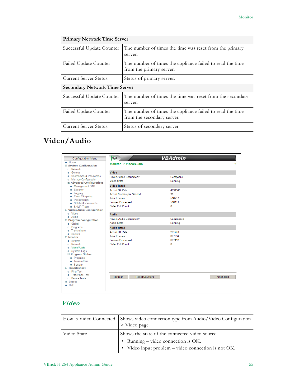 Video/audio, Video | VBrick Systems 7000 User Manual | Page 61 / 76