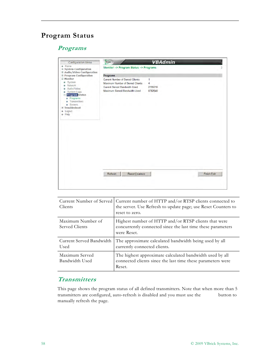 Program status, Programs transmitters | VBrick Systems 7000 User Manual | Page 64 / 76