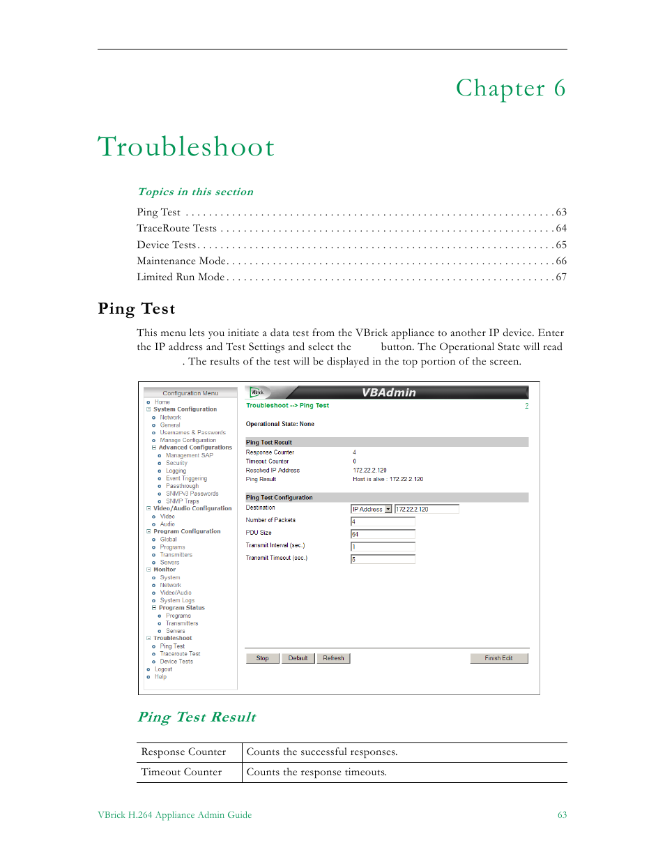 Troubleshoot, Ping test, Ping test result | Chapter 6 | VBrick Systems 7000 User Manual | Page 69 / 76