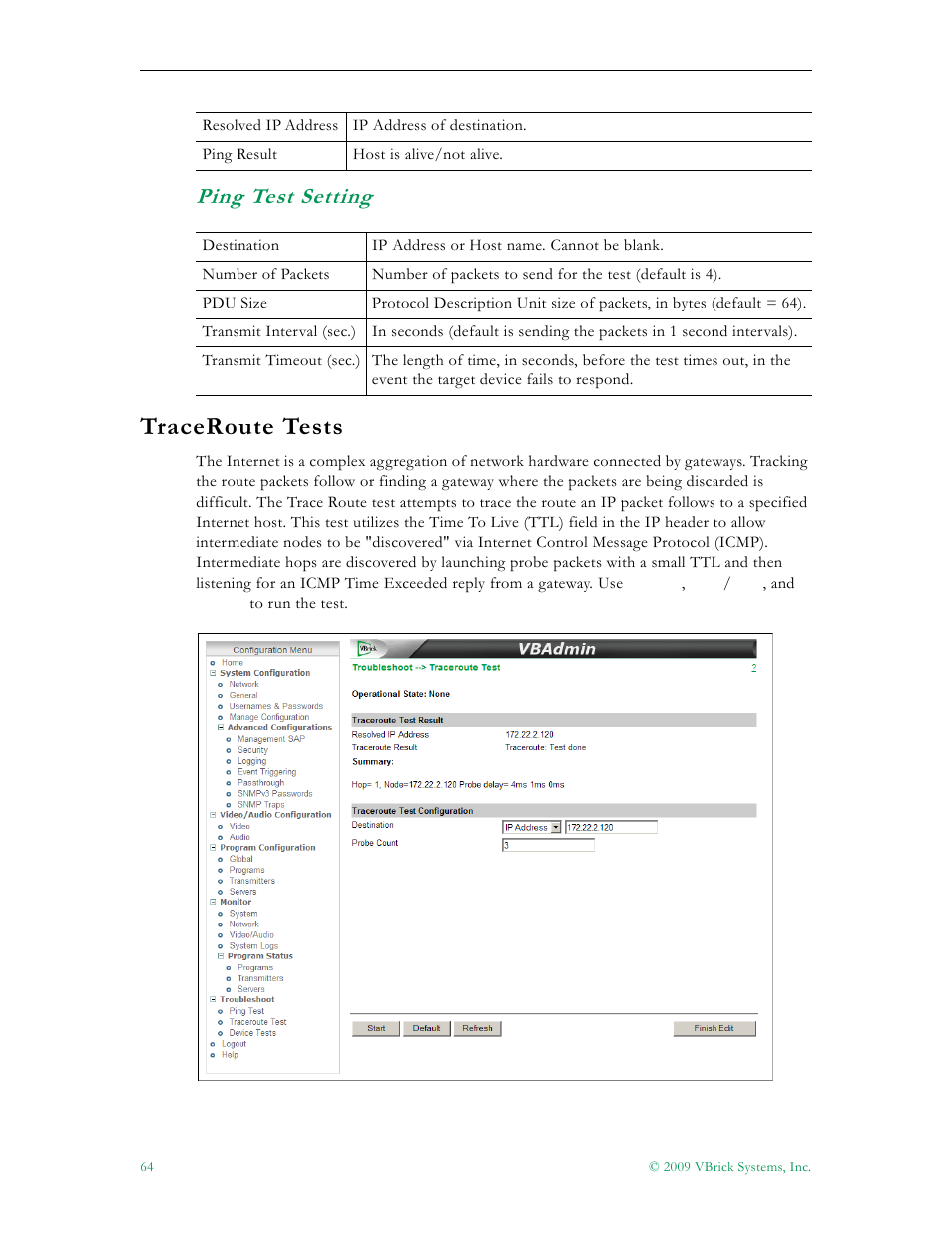 Ping test setting, Traceroute tests | VBrick Systems 7000 User Manual | Page 70 / 76