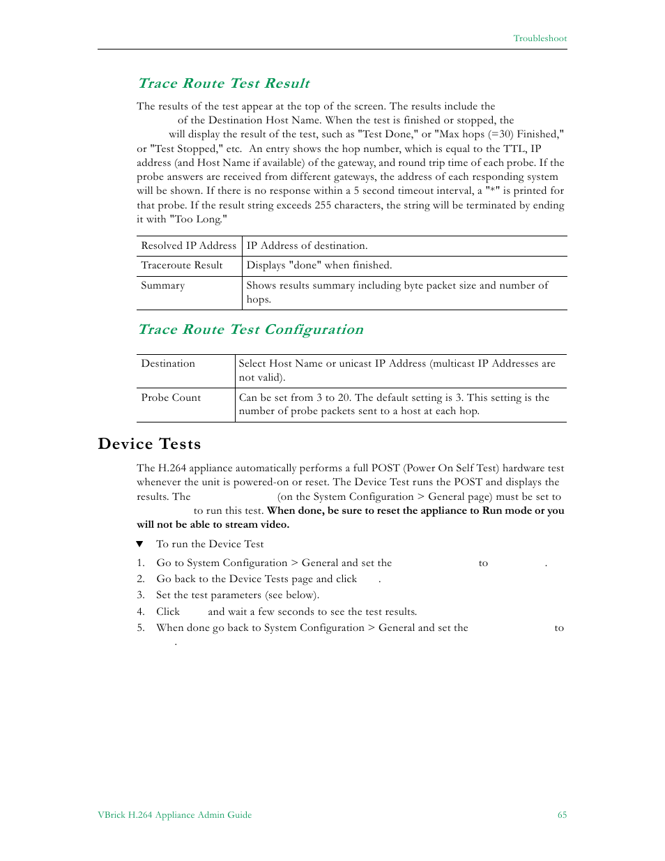 Device tests, Trace route test result, Trace route test configuration | VBrick Systems 7000 User Manual | Page 71 / 76