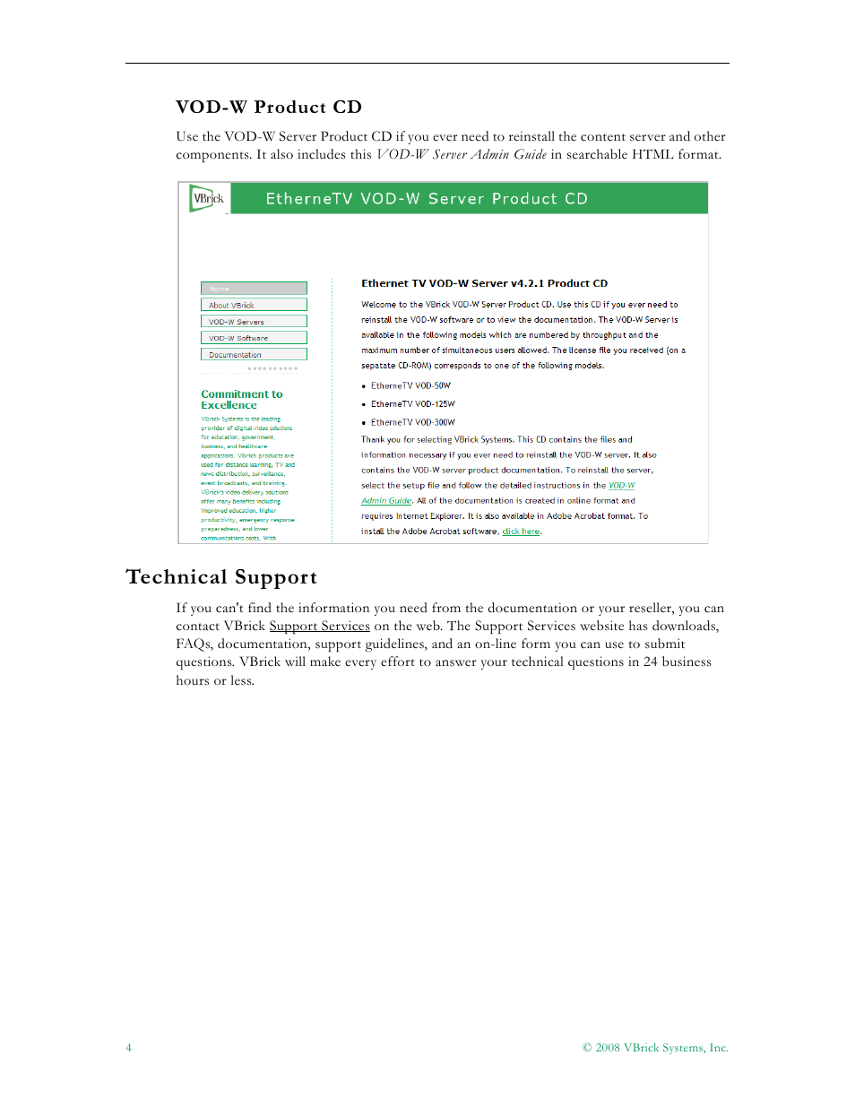 Vod-w product cd, Technical support | VBrick Systems VOD-W Server VBrick v4.2.1 User Manual | Page 12 / 94