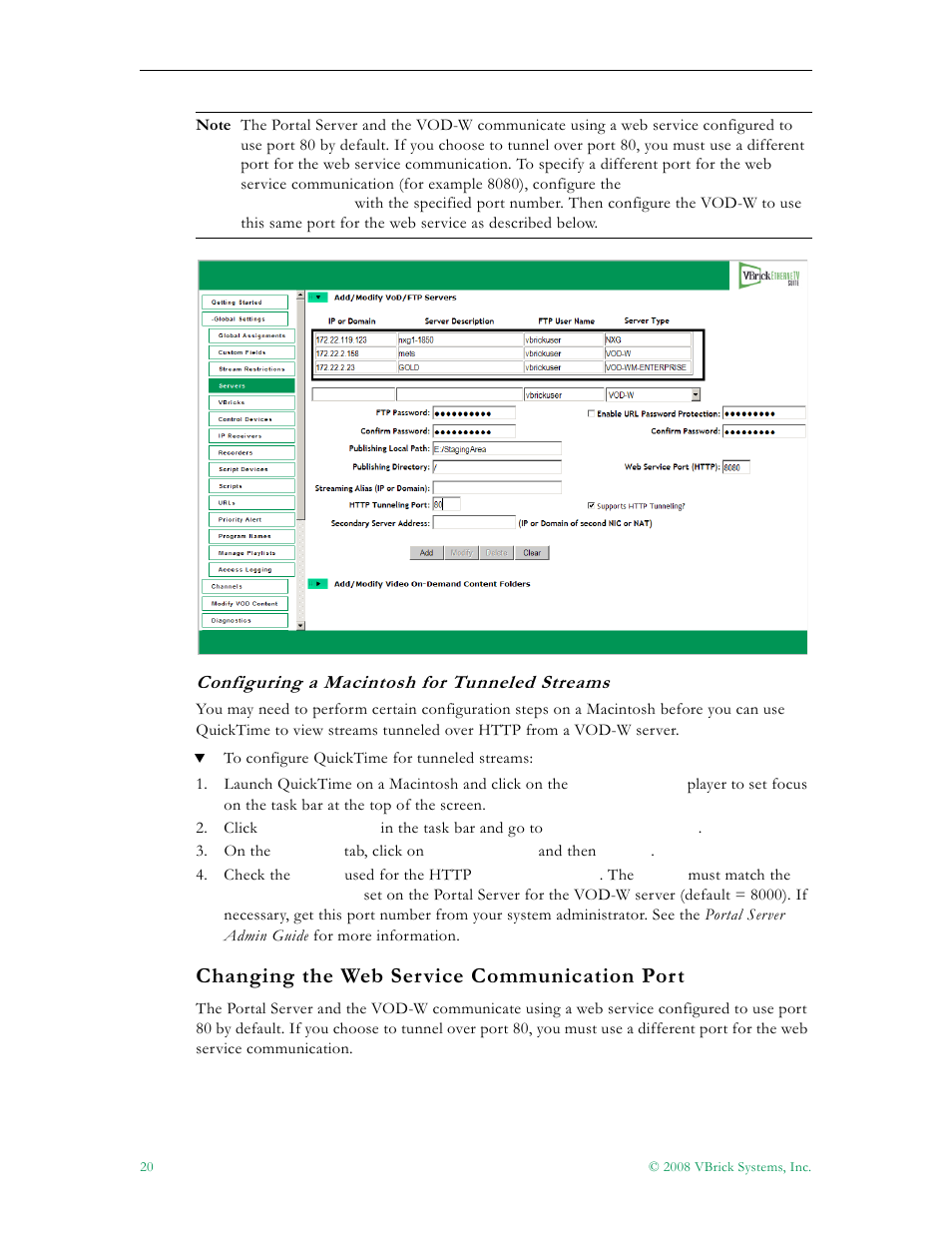 Changing the web service communication port, Configuring a macintosh for tunneled streams | VBrick Systems VOD-W Server VBrick v4.2.1 User Manual | Page 28 / 94