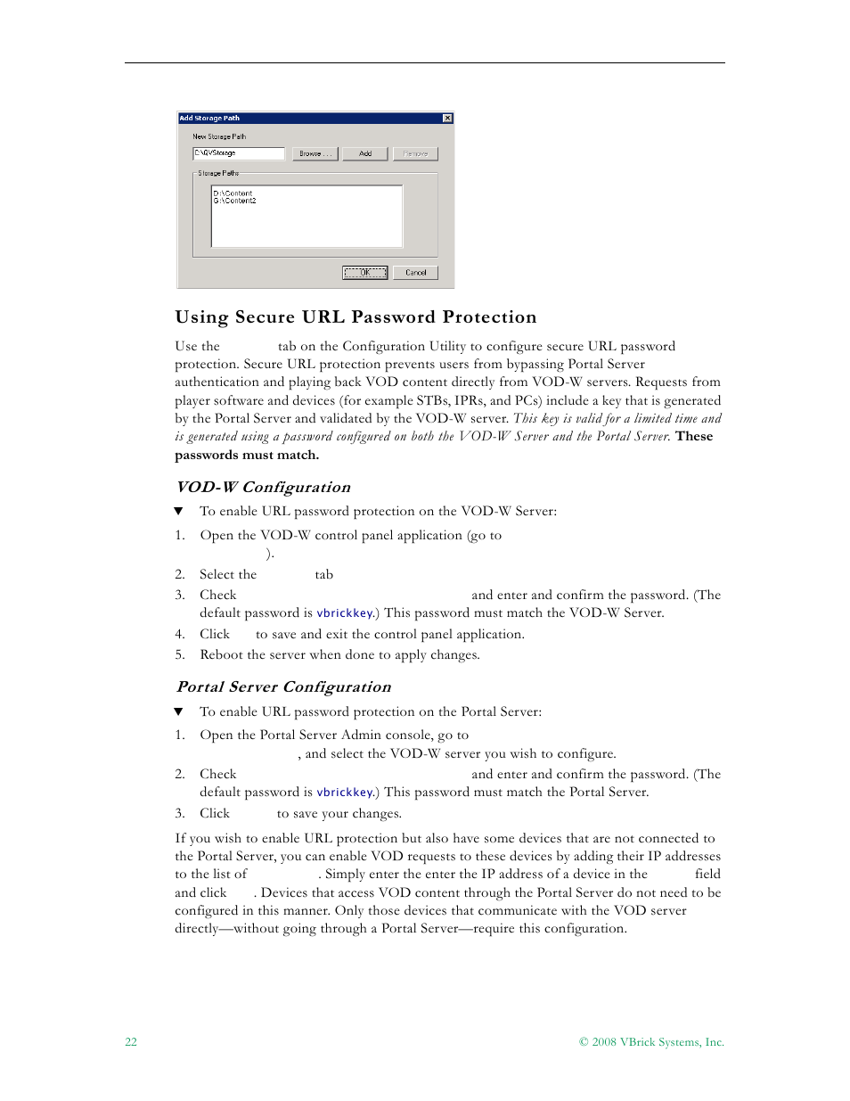 Using secure url password protection, Vod-w configuration, Portal server configuration | VBrick Systems VOD-W Server VBrick v4.2.1 User Manual | Page 30 / 94