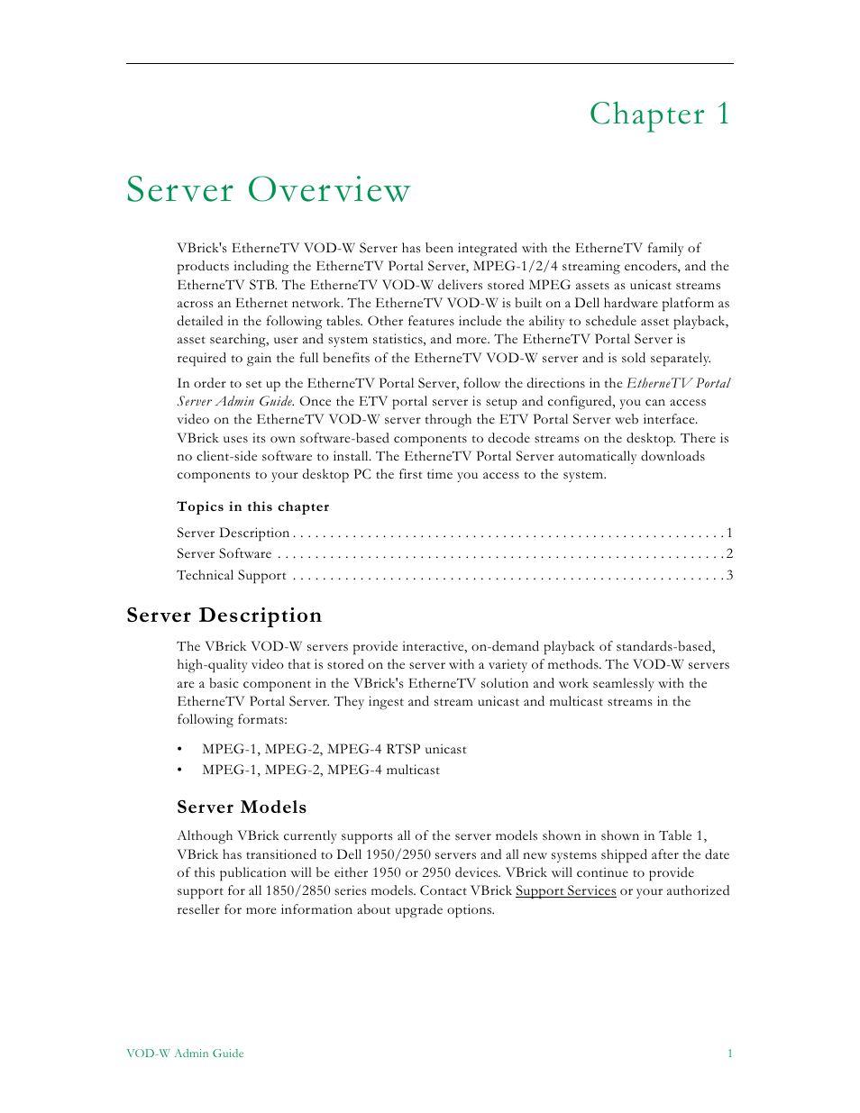 Server overview, Server description, Server models | Chapter 1 | VBrick Systems VOD-W Server VBrick v4.2.1 User Manual | Page 9 / 94