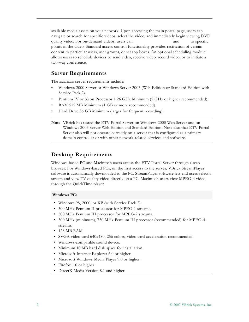Server requirements desktop requirements, Server requirements, Desktop requirements | VBrick Systems Portal Server ETV v4.1 User Manual | Page 12 / 140