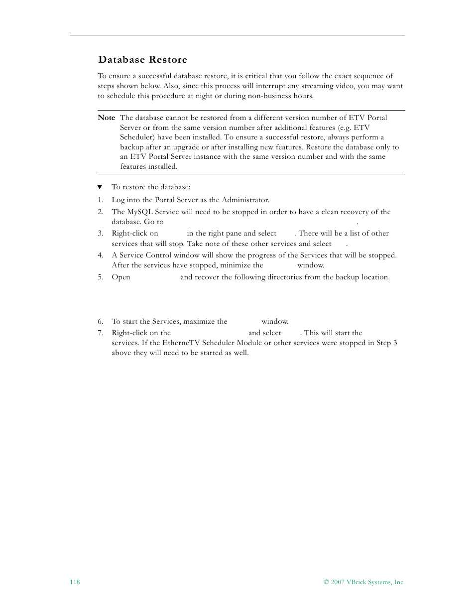 Database restore | VBrick Systems Portal Server ETV v4.1 User Manual | Page 128 / 140