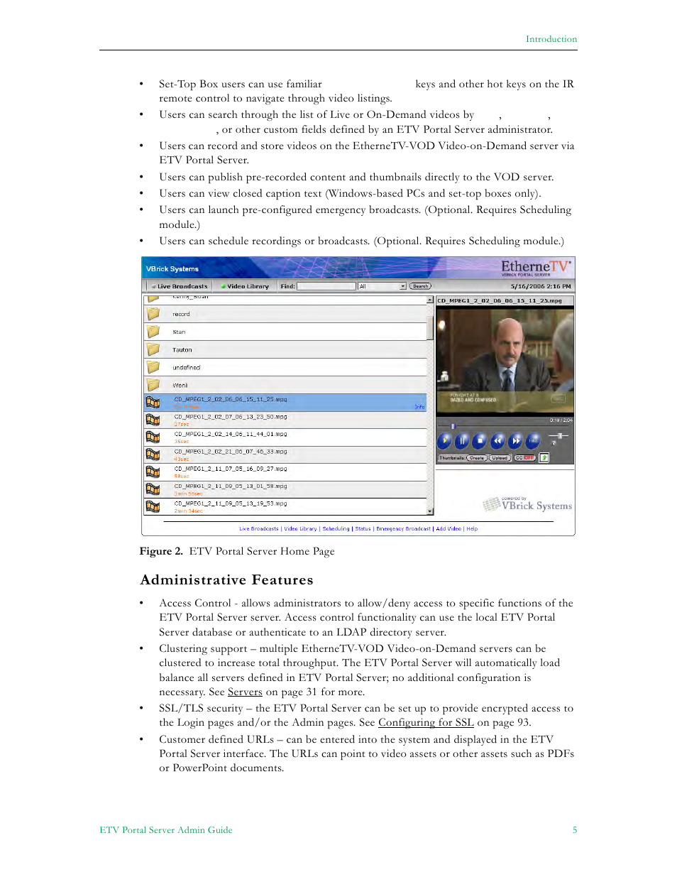 Administrative features | VBrick Systems Portal Server ETV v4.1 User Manual | Page 15 / 140