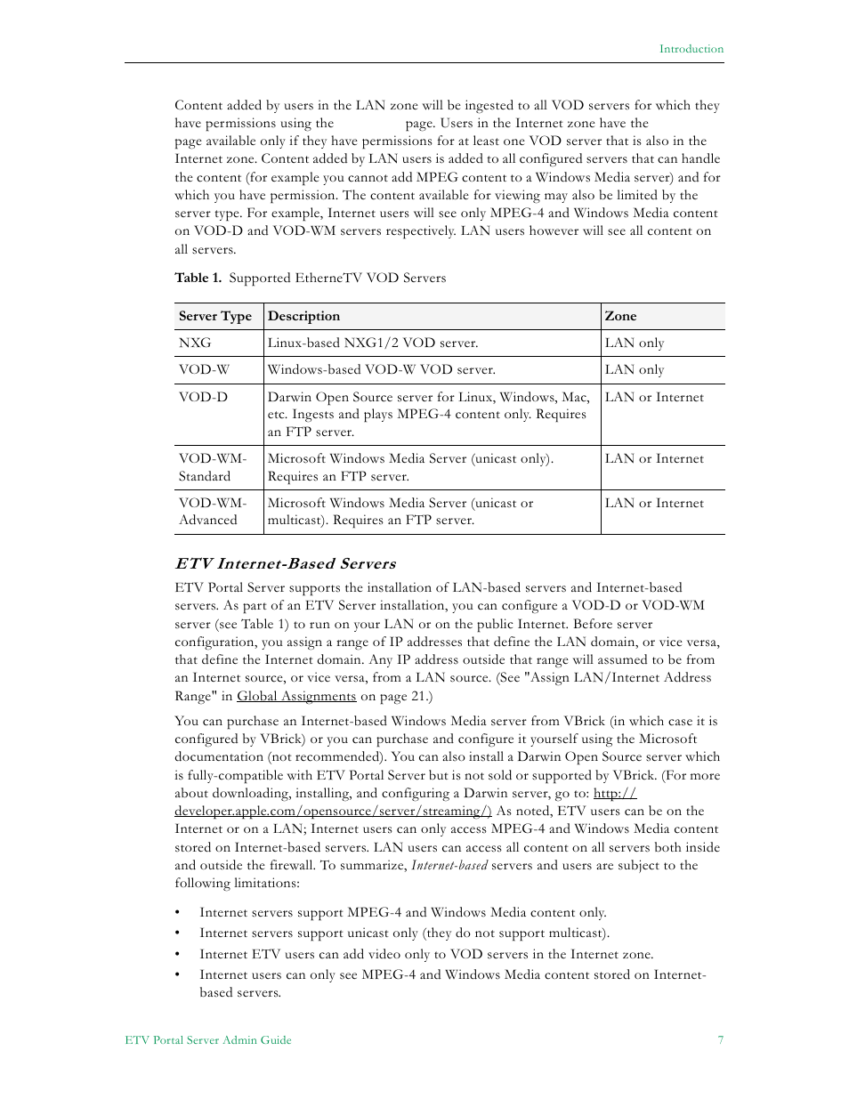 Table 1. t | VBrick Systems Portal Server ETV v4.1 User Manual | Page 17 / 140