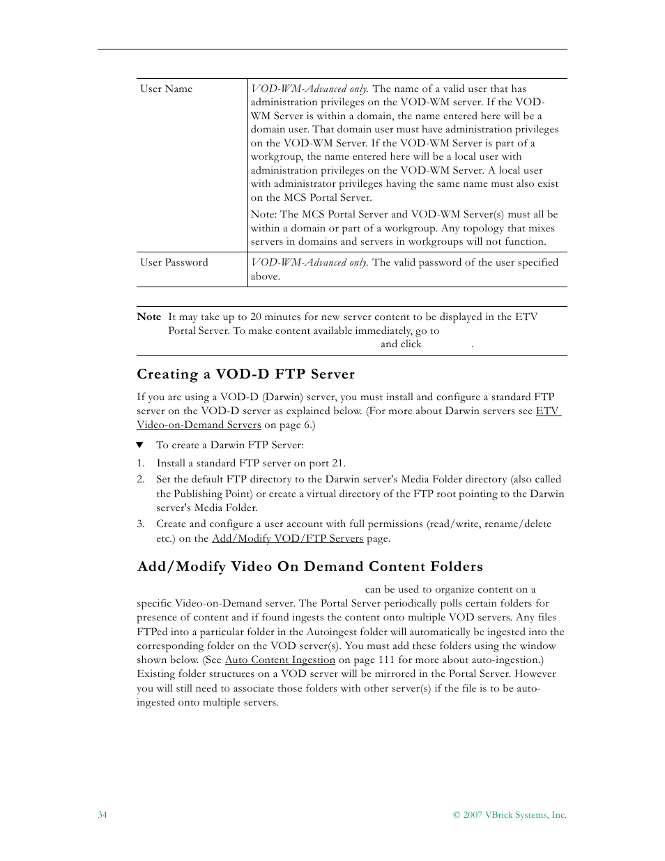 Creating a vod-d ftp server, Add/modify video on demand content folders | VBrick Systems Portal Server ETV v4.1 User Manual | Page 44 / 140