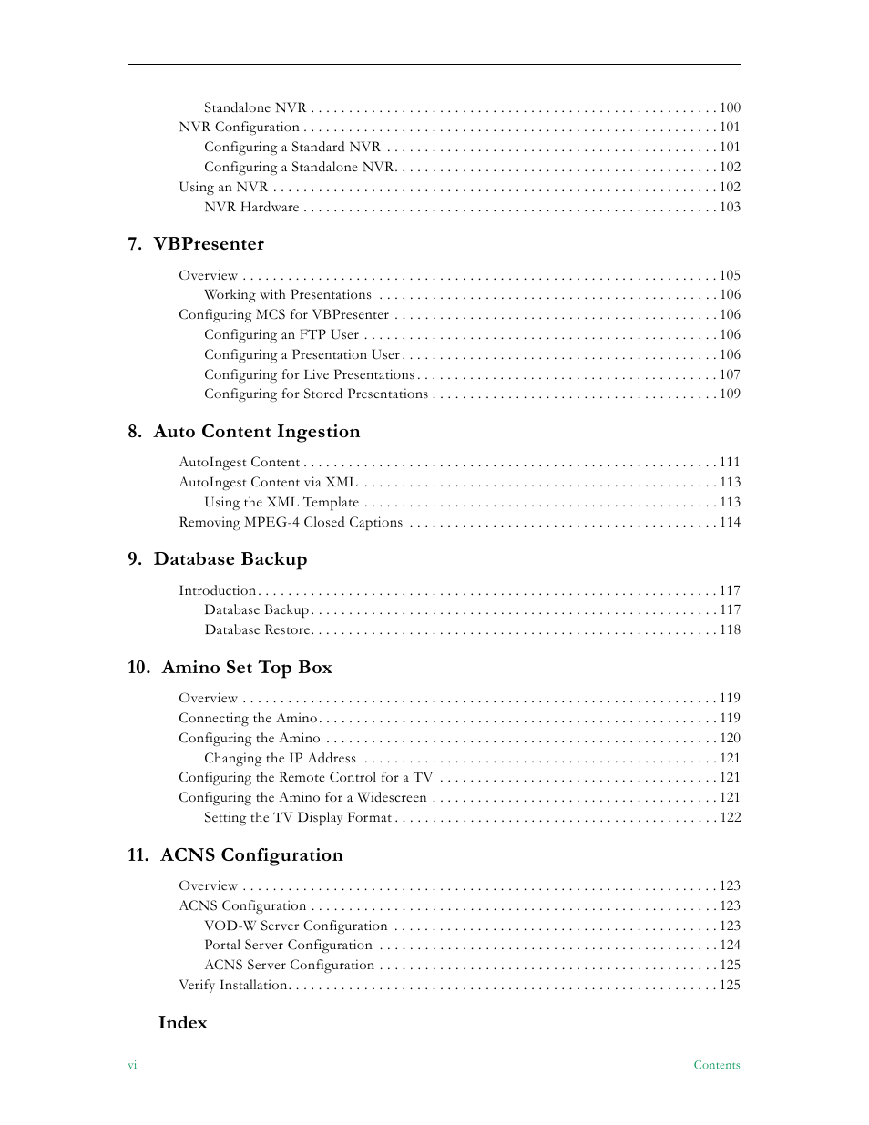 Vbpresenter, Auto content ingestion, Database backup | Amino set top box, Acns configuration, Index | VBrick Systems Portal Server ETV v4.1 User Manual | Page 6 / 140