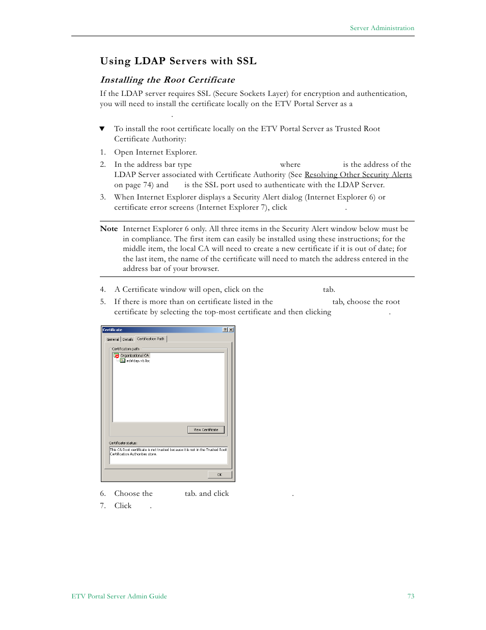 Using ldap servers with ssl, Installing the root certificate | VBrick Systems Portal Server ETV v4.1 User Manual | Page 83 / 140