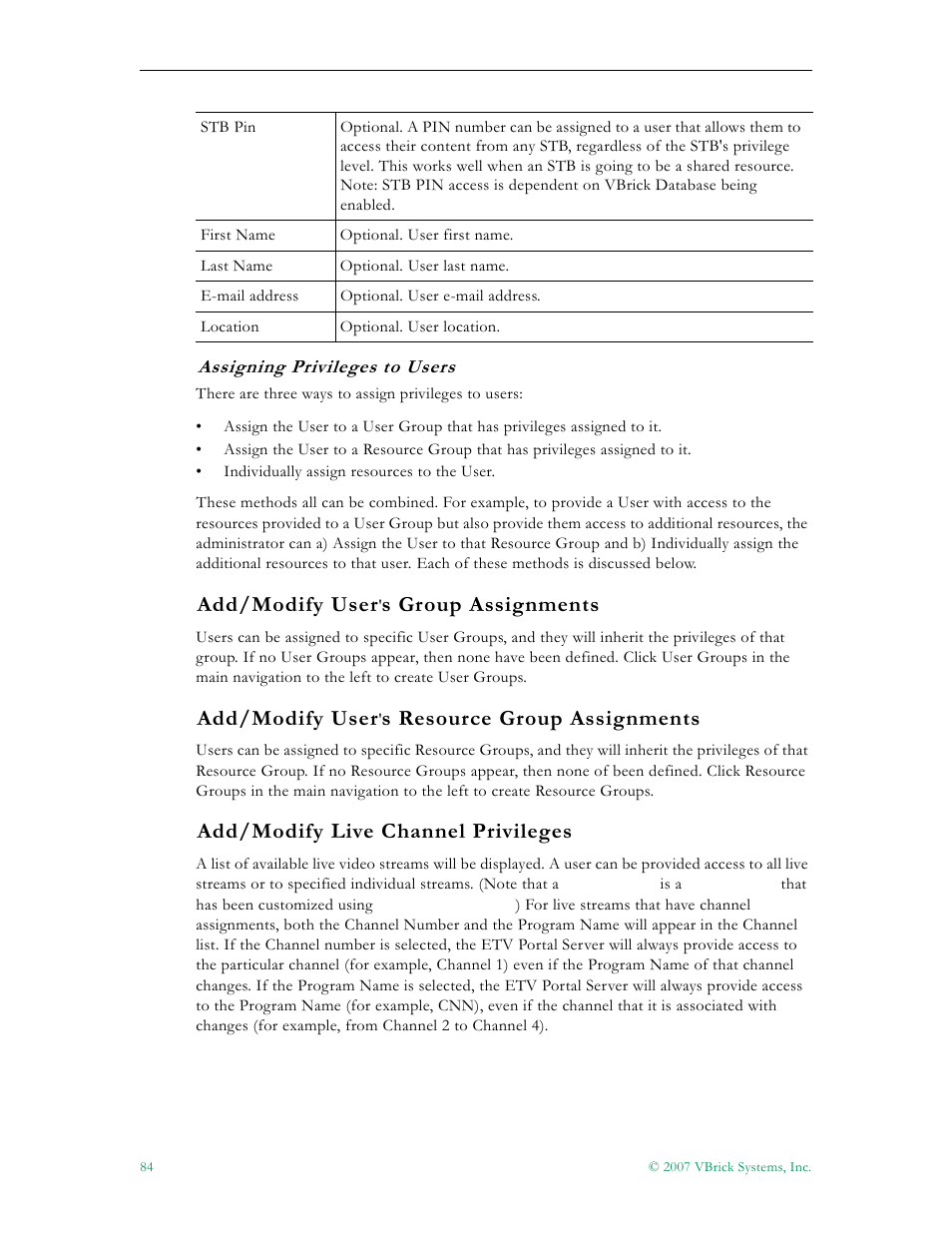 Add/modify user's group assignments, 84 add/modify user's resource group assignments, 84 add/modify live channel privileges | Add/modify user, S group assignments, S resource group assignments, Add/modify live channel privileges | VBrick Systems Portal Server ETV v4.1 User Manual | Page 94 / 140