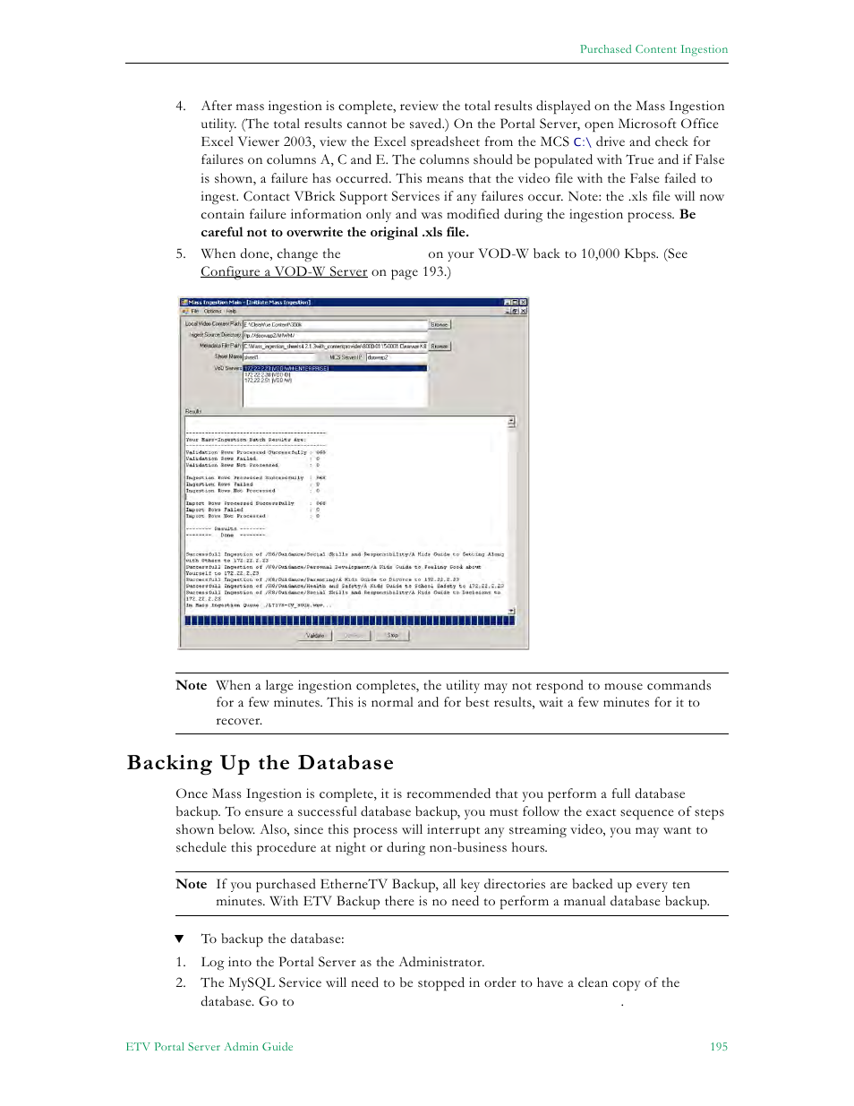 Backing up the database | VBrick Systems ETHERNETV V4.4.3 User Manual | Page 207 / 216