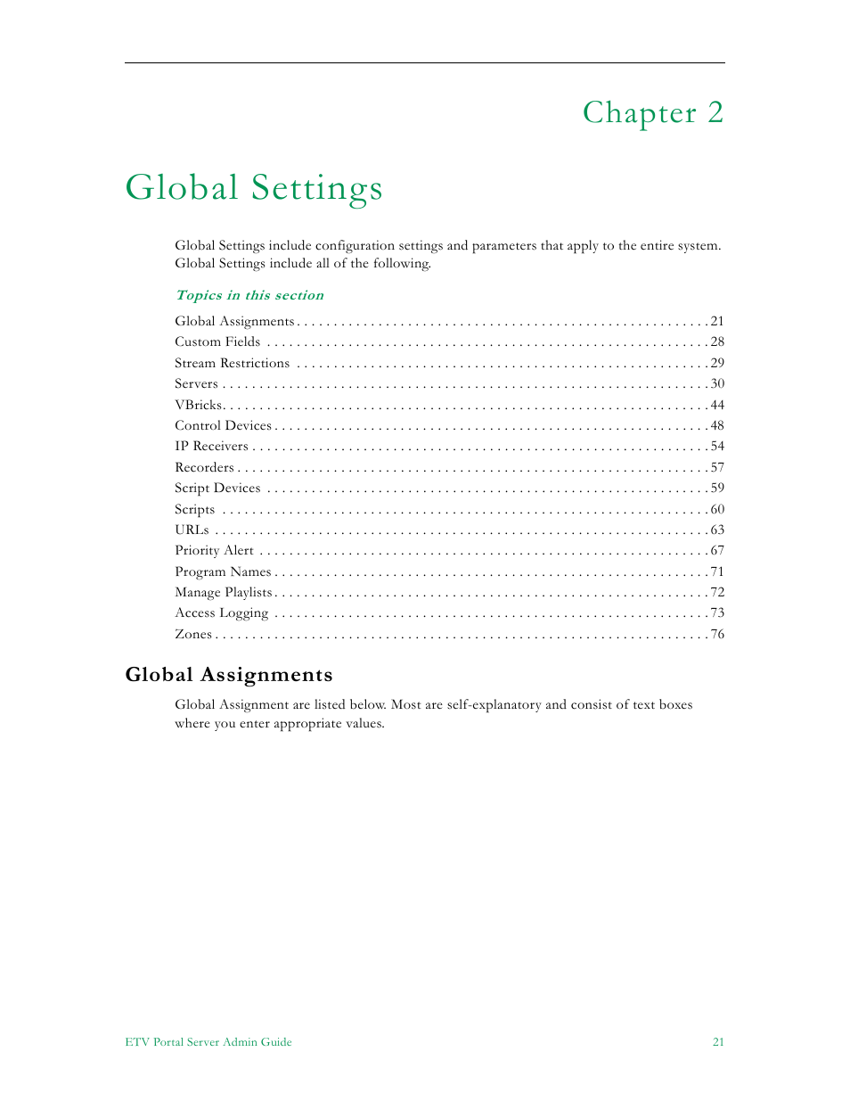 Global settings, Global assignments, In global assignments | Chapter 2 | VBrick Systems ETHERNETV V4.4.3 User Manual | Page 33 / 216
