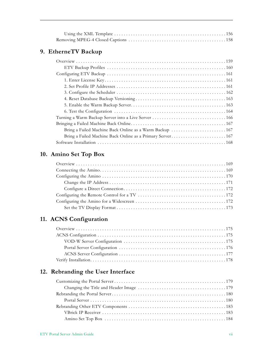 Ethernetv backup, Amino set top box, Acns configuration | Rebranding the user interface | VBrick Systems ETHERNETV V4.4.3 User Manual | Page 7 / 216