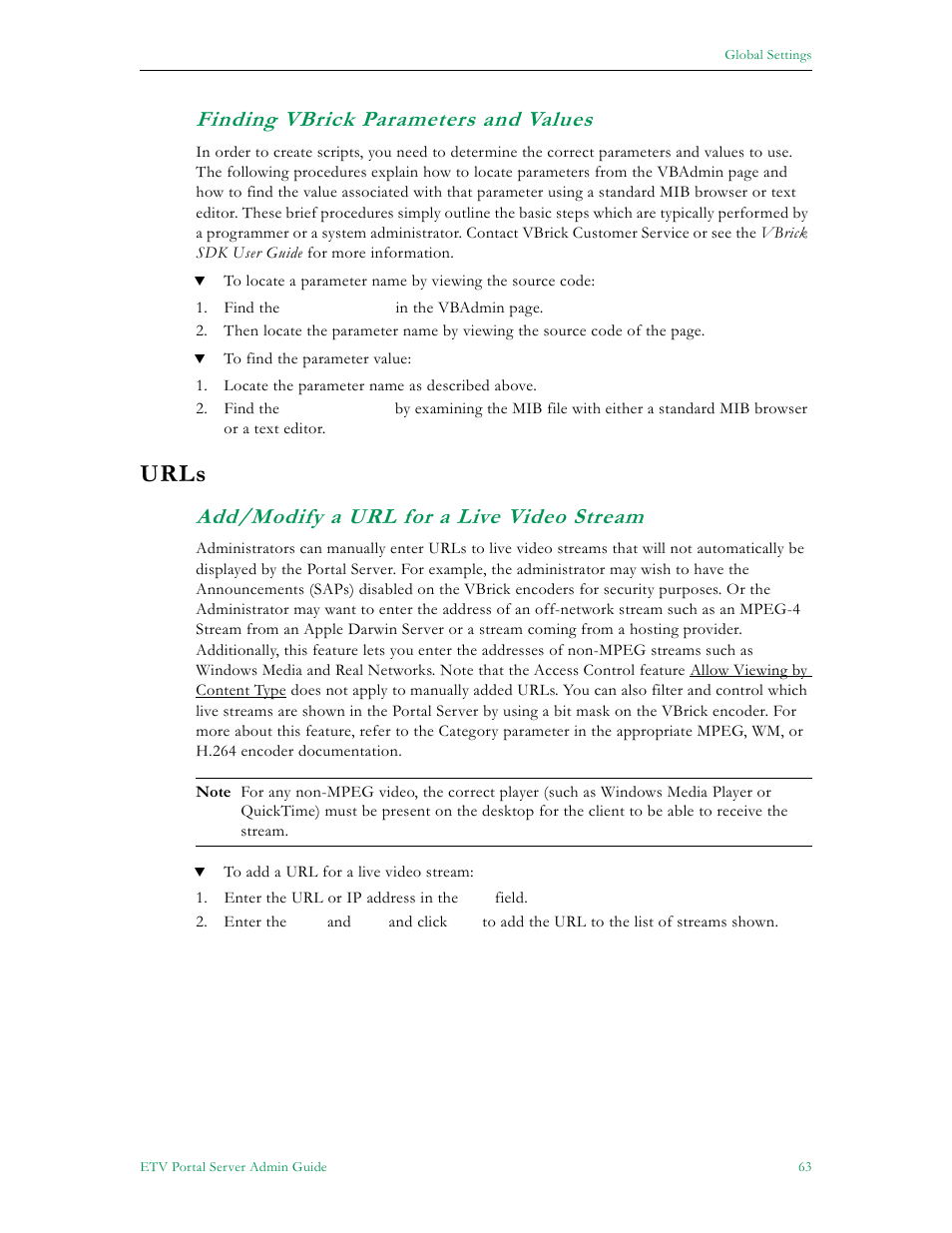 Finding vbrick parameters and values, Urls, Add/modify a url for a live video stream | VBrick Systems ETHERNETV V4.4.3 User Manual | Page 75 / 216