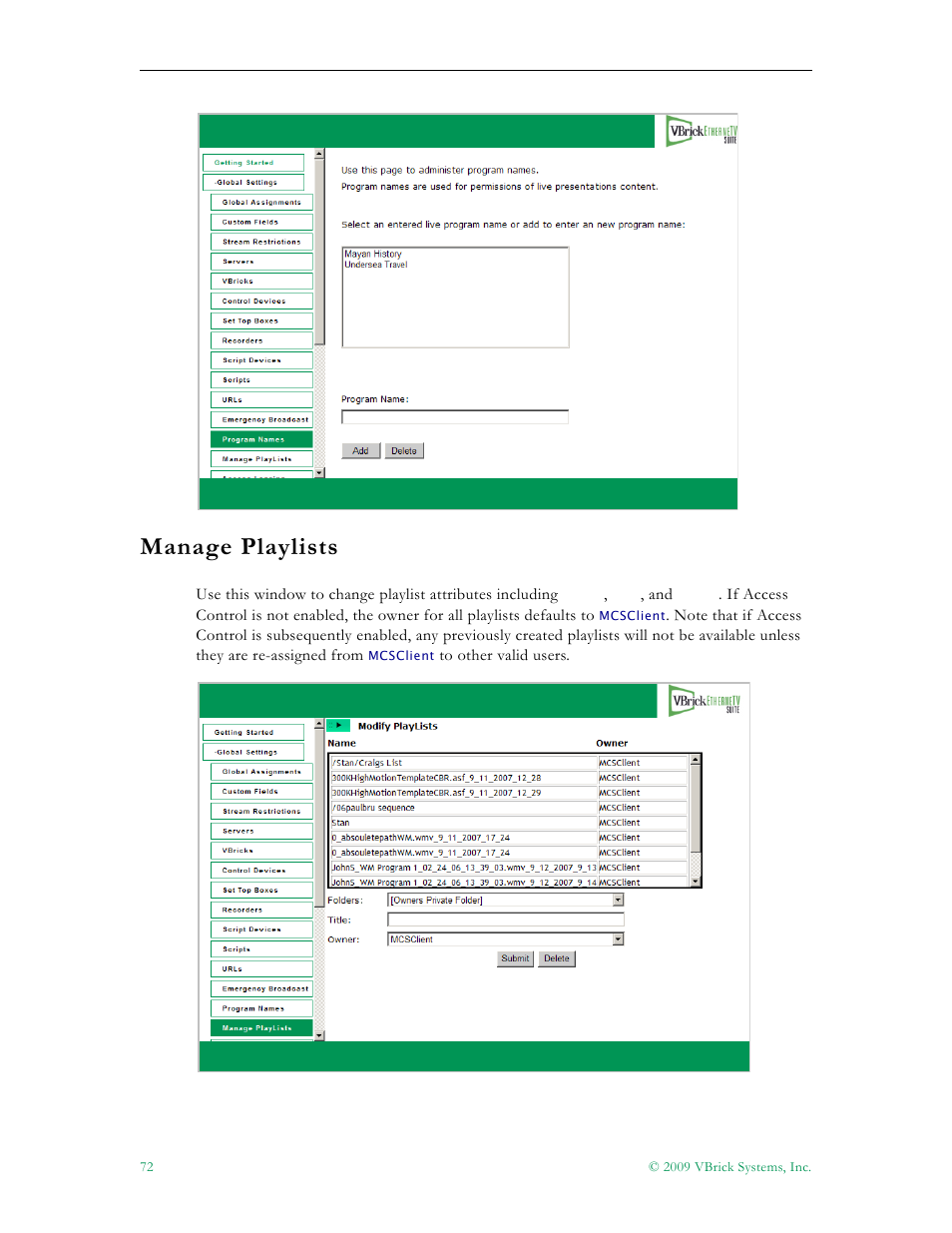 Manage playlists | VBrick Systems ETHERNETV V4.4.3 User Manual | Page 84 / 216