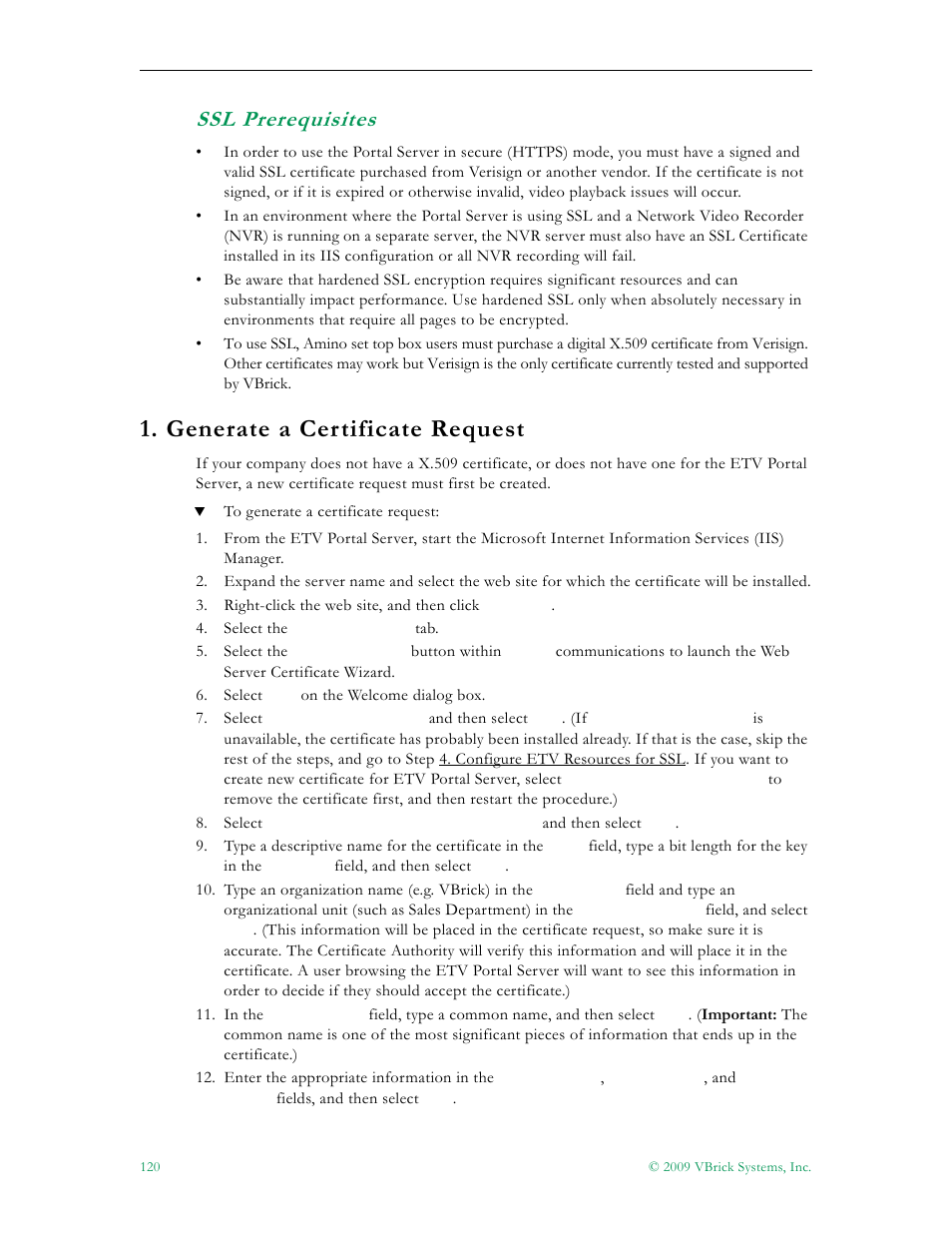 Ssl prerequisites, Generate a certificate request | VBrick Systems ETHERNETV 4410-0118-0009 User Manual | Page 132 / 202