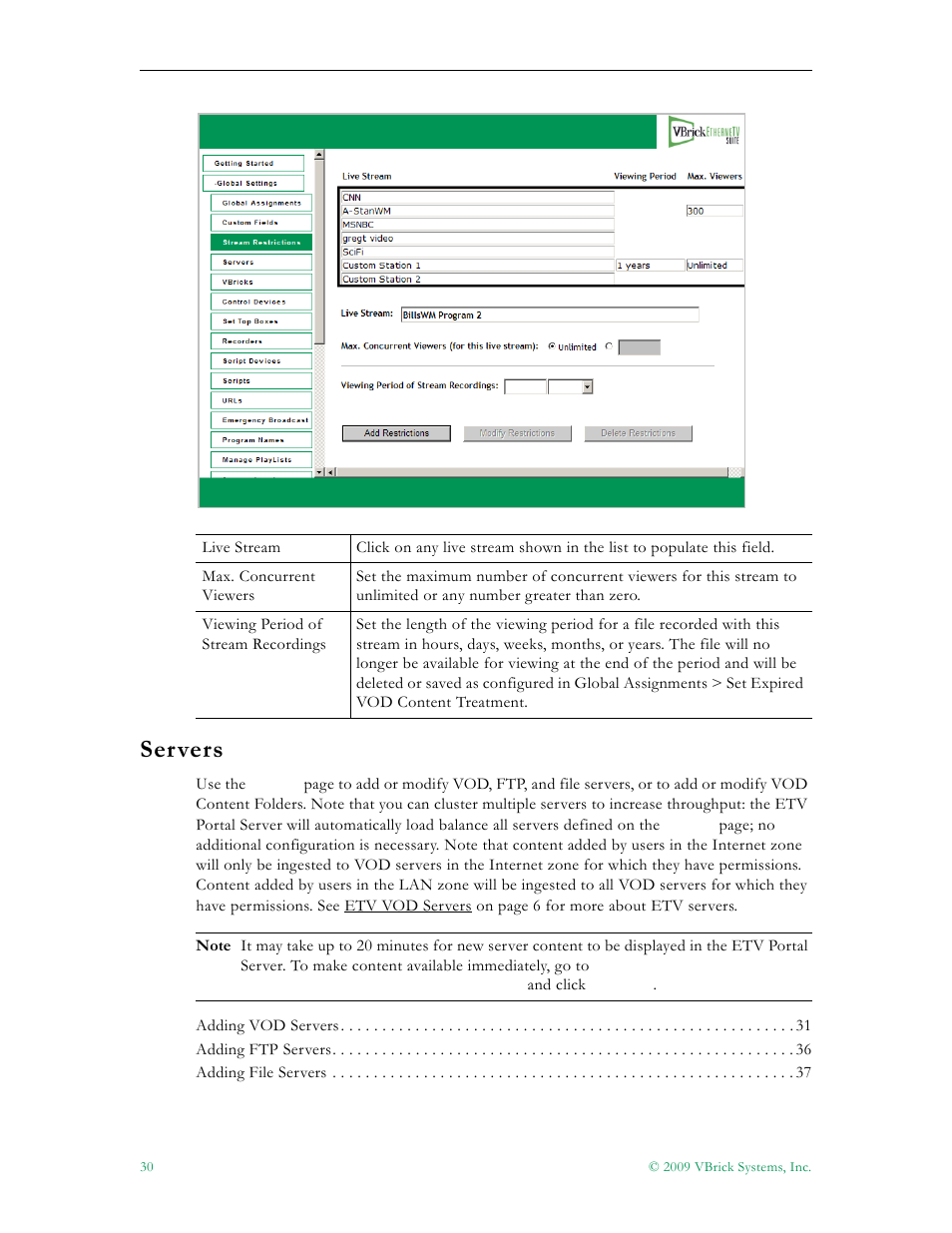 Servers | VBrick Systems ETHERNETV 4410-0118-0009 User Manual | Page 42 / 202