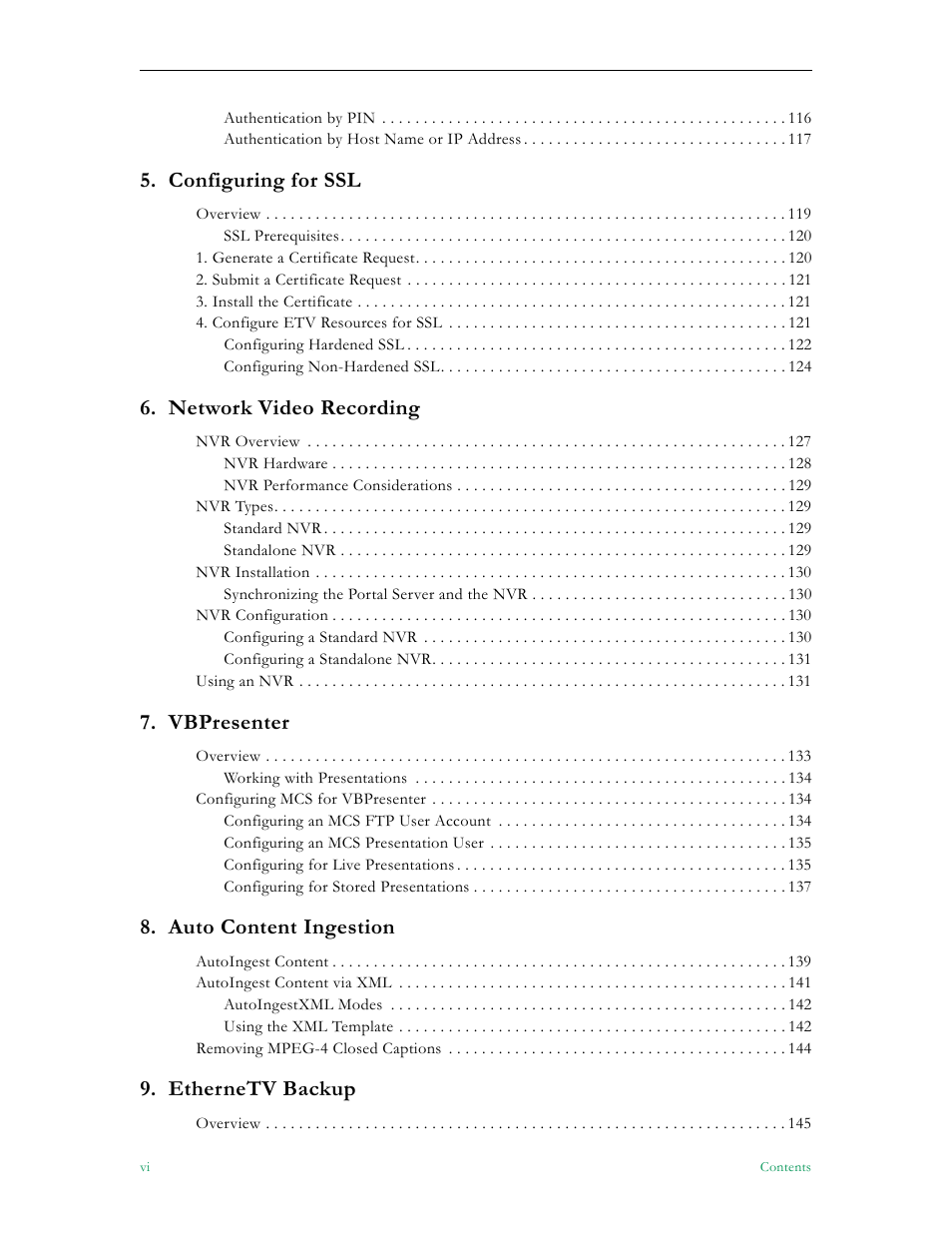 Configuring for ssl, Network video recording, Vbpresenter | Auto content ingestion, Ethernetv backup | VBrick Systems ETHERNETV 4410-0118-0009 User Manual | Page 6 / 202