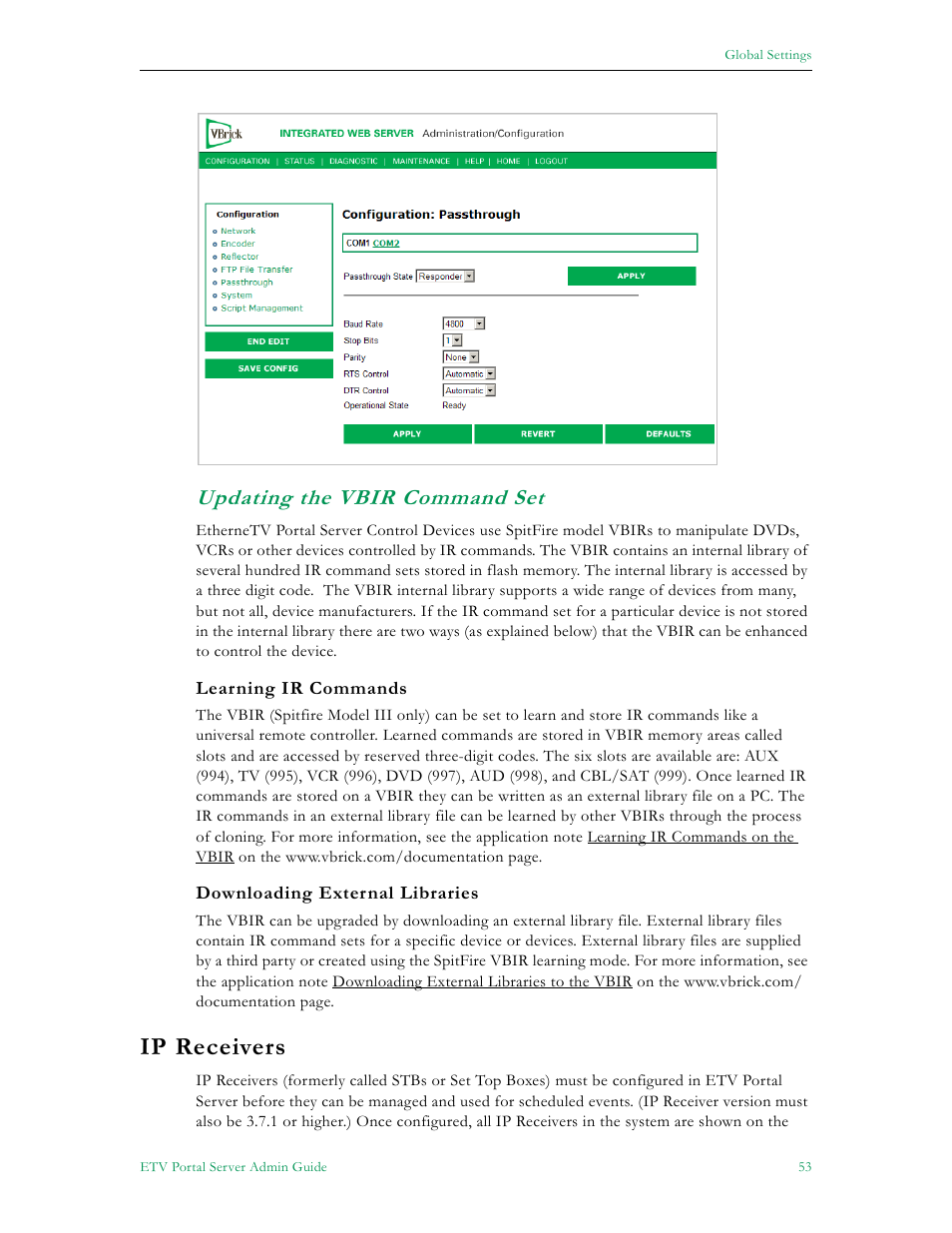 Updating the vbir command set, Ip receivers | VBrick Systems ETHERNETV 4410-0118-0009 User Manual | Page 65 / 202
