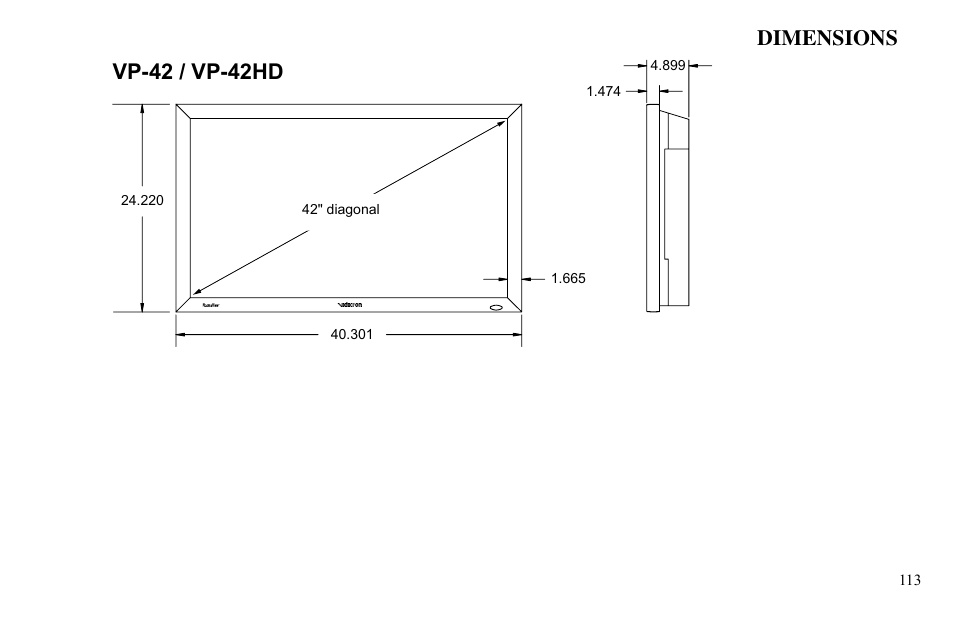 Dimensions, Vp-42 / vp-42hd | Vidikron VP-60 User Manual | Page 114 / 117
