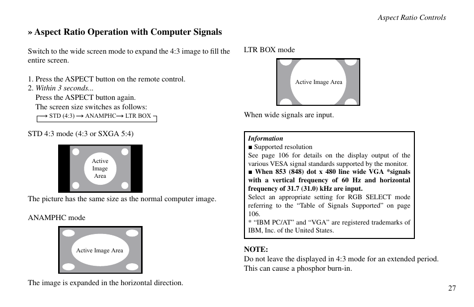Aspect ratio operation with computer signals | Vidikron VP-60 User Manual | Page 28 / 117