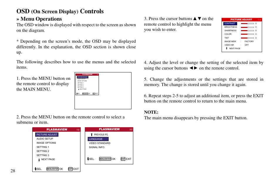 Controls, Menu operations, On screen display) | Vidikron VP-60 User Manual | Page 29 / 117