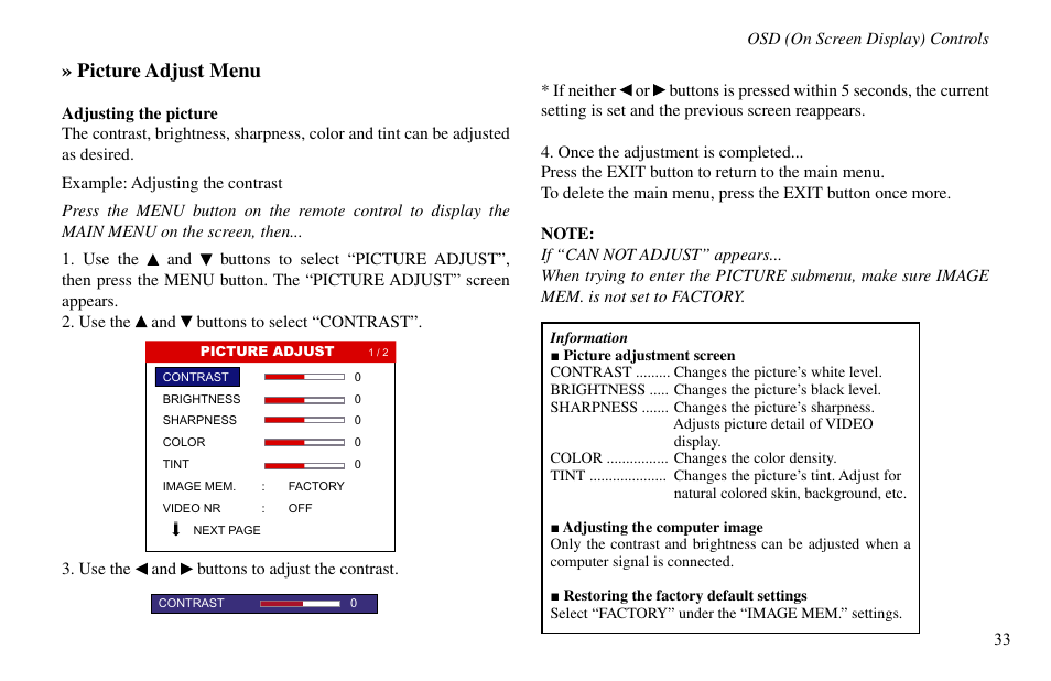Picture adjust menu, Osd (on screen display) controls | Vidikron VP-60 User Manual | Page 34 / 117