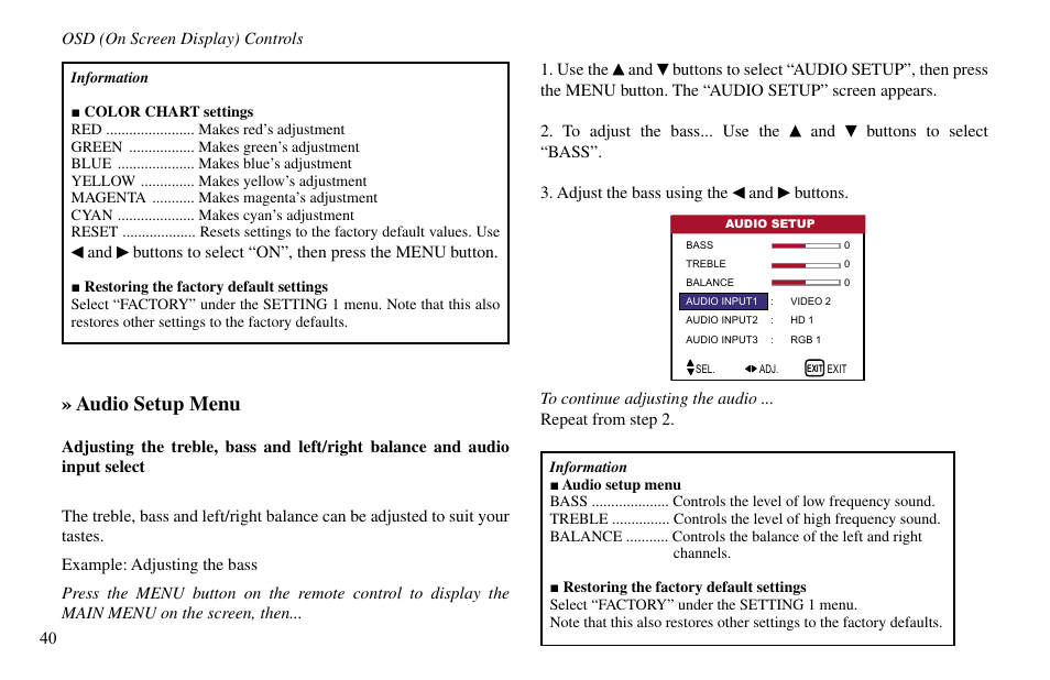 Audio setup menu | Vidikron VP-60 User Manual | Page 41 / 117