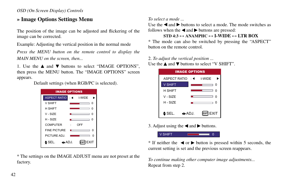 Image options settings menu | Vidikron VP-60 User Manual | Page 43 / 117