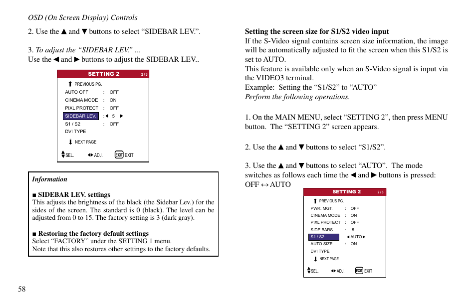 Osd (on screen display) controls | Vidikron VP-60 User Manual | Page 59 / 117