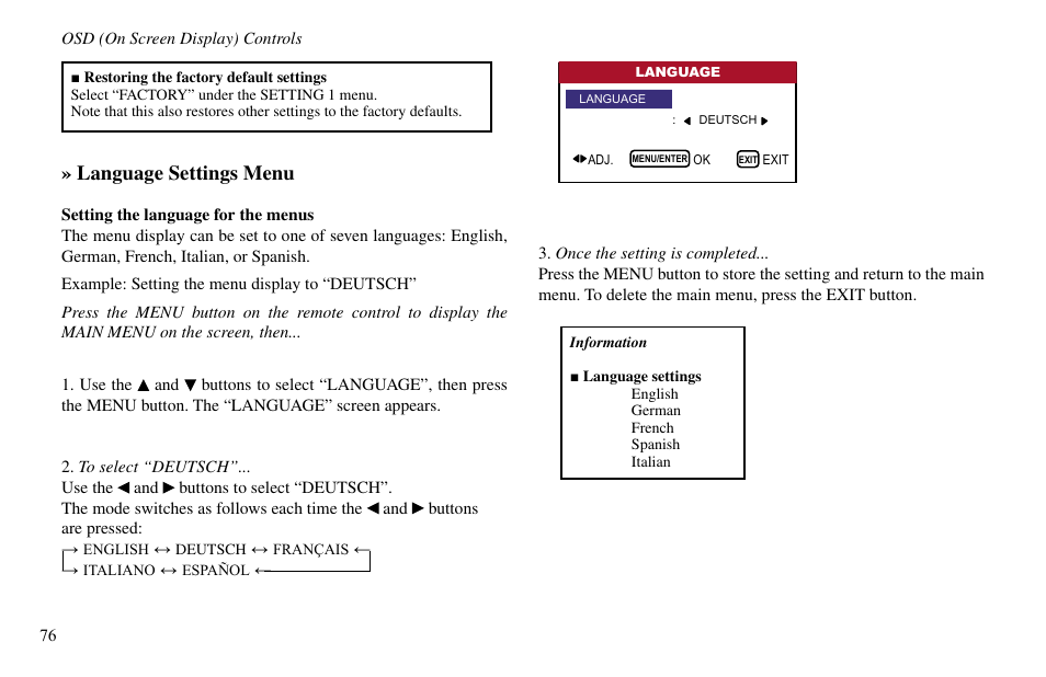 Language settings menu | Vidikron VP-60 User Manual | Page 77 / 117