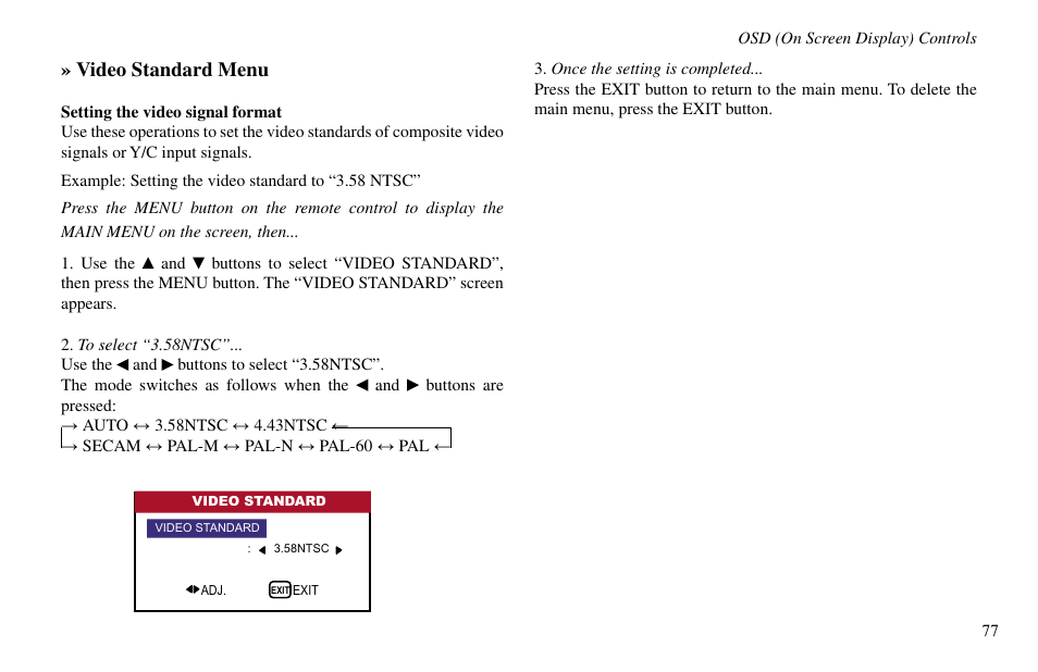 Video standard menu | Vidikron VP-60 User Manual | Page 78 / 117