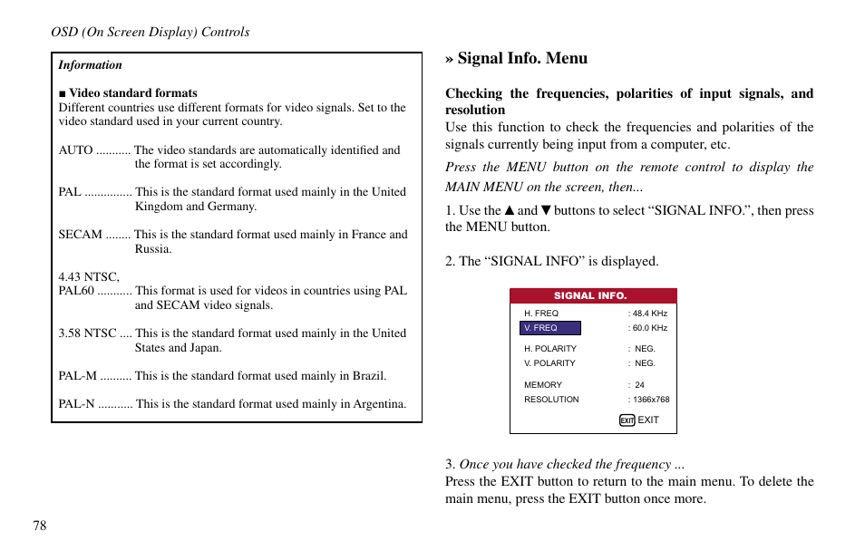 Signal info. menu, 78 osd (on screen display) controls | Vidikron VP-60 User Manual | Page 79 / 117
