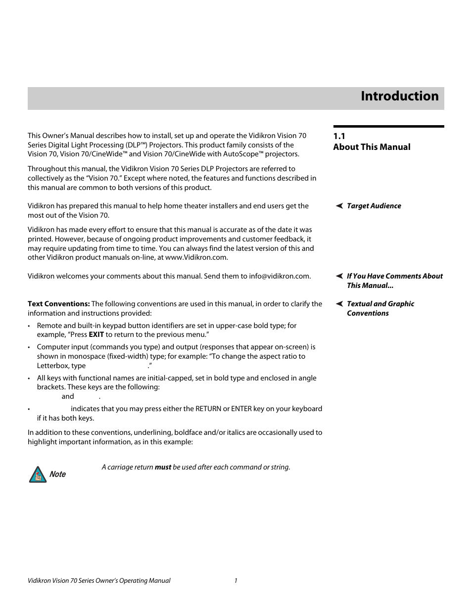 1 introduction, 1 about this manual, Target audience | If you have comments about this manual, Textual and graphic conventions, Text conventions, Introduction, About this manual, Pre l iminar y | Vidikron SERIES 1080p User Manual | Page 13 / 88