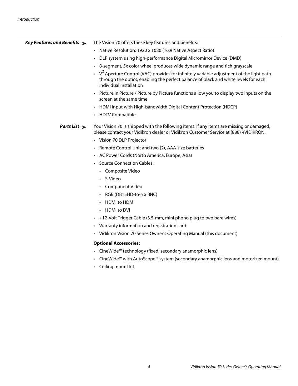Key features and benefits, Parts list, Optional accessories | Pre l iminar y | Vidikron SERIES 1080p User Manual | Page 16 / 88