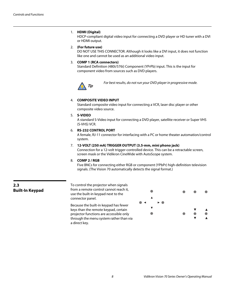3 built-in keypad, Built-in keypad, Pre l iminar y | Vidikron SERIES 1080p User Manual | Page 20 / 88